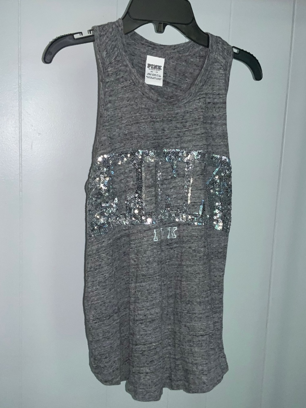 Victoria’s Secret Pink gray tank top Sz XS sequin graphic curved back hem